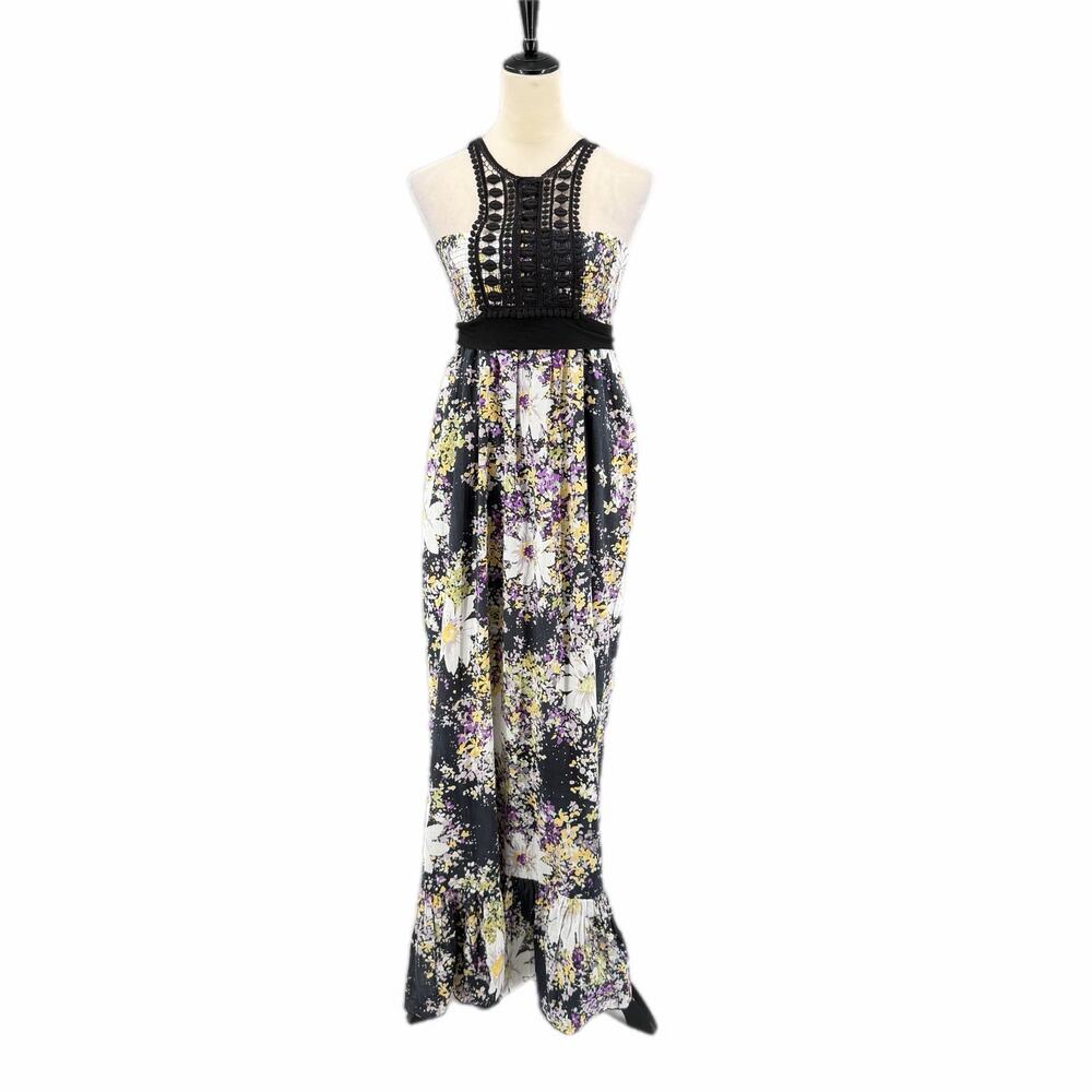 Hazel NEW Black Purple Floral Crochet Smocked Cotton Flowy Maxi Dress Coverup